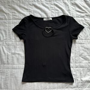 Y2K wild love sz med  black top heart rhinestone brooch key hole front witchy